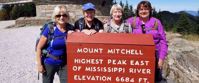 Group women's travel standing by mount mitchell sign