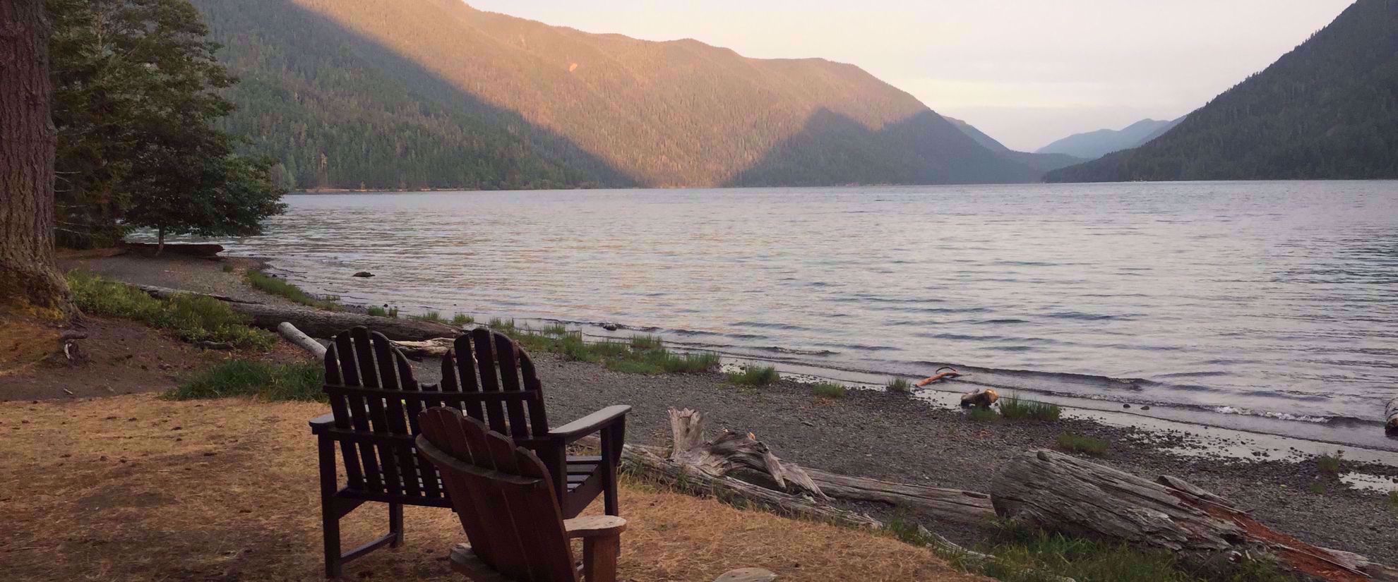 Picture of Pacific Northwest Escape: The San Juan Islands & Olympic National Park chairs overlooking beautiful lake view with sun on mountains
